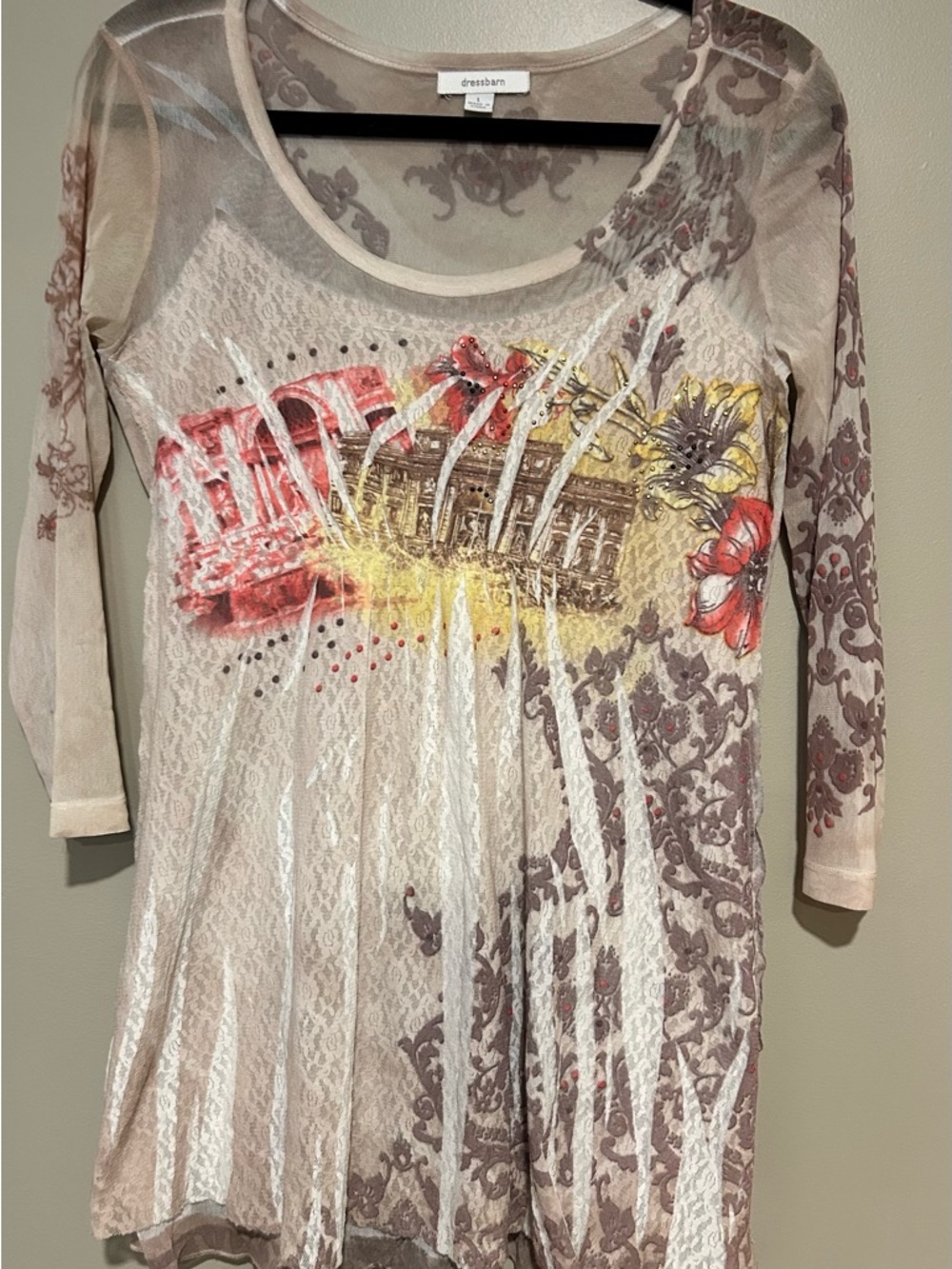 Dressbarn Women’s Beige Printed Mesh Long Sleeve Top